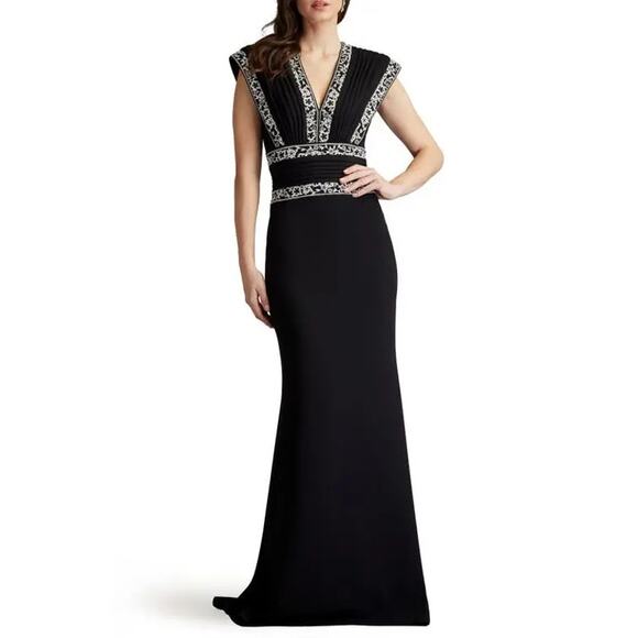 Tadashi Shoji Embroidered V-Neck Black Ivory Gown | Size 16 | NWOT - Picture 2 of 14